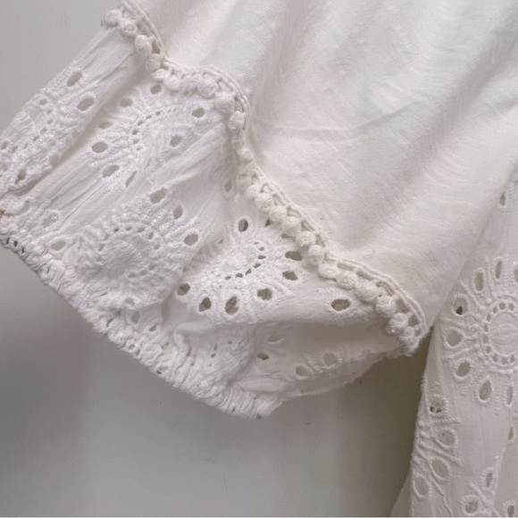 Porridge White Eyelet Embroidery Anglaise Smocked Boho Coastal Back-Tie Top M - Picture 8 of 16